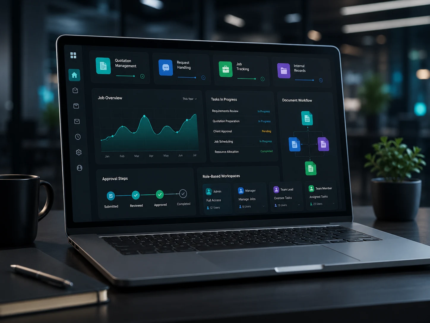Business operations platform interface with dashboards, workflow modules, records and role-based workspaces.