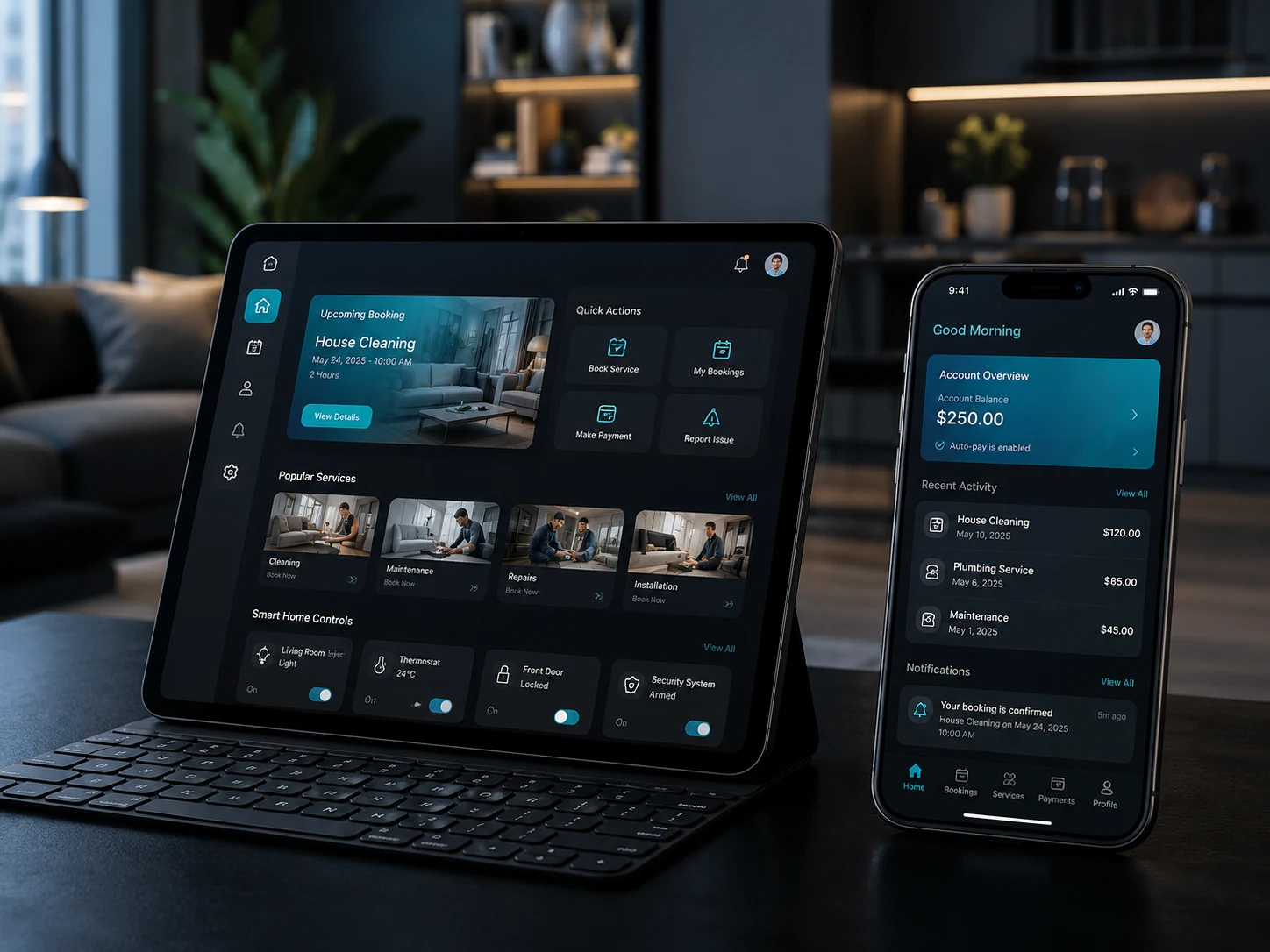 Customer-facing application shown across responsive devices with scheduling and household account management.