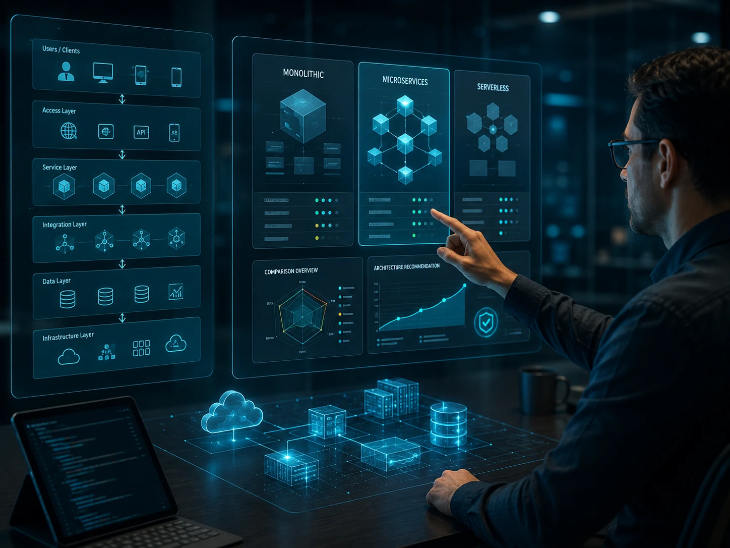 Layered software architecture showing applications, services, integrations, data and infrastructure.
