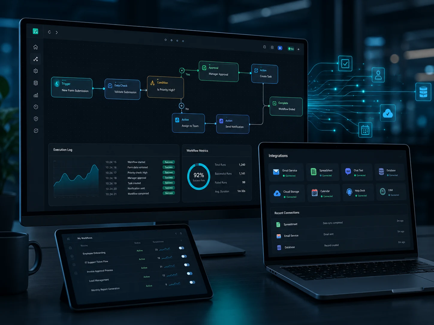 Automated workflow connecting incoming requests, approvals, notifications, documents and operational stages.